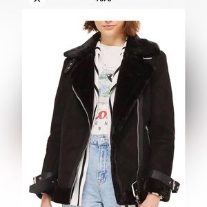 Topshop Faux Shearling Biker Jacket black